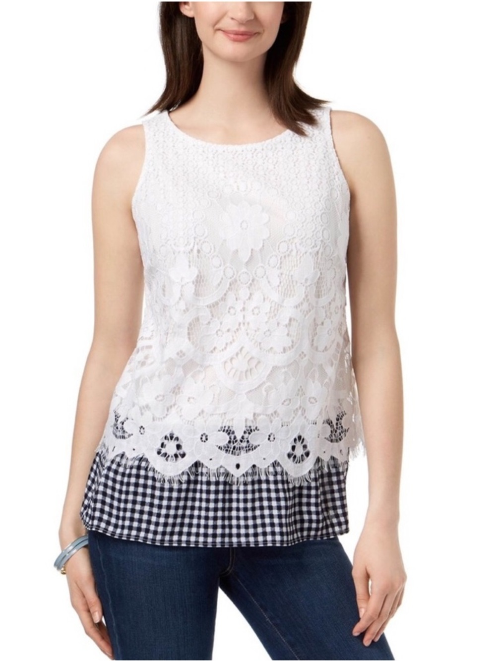 Charter Club White Lace Overlay Sleeveless Camisole Tank Blouse Gingham Peplum L